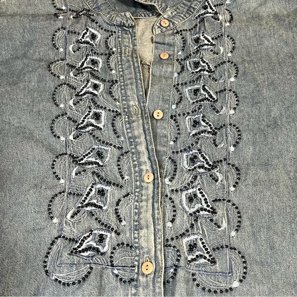 Wms Vtg 90s Cotton Denim Beaded Embroidered Plus Size‎ Casual Boho Shirt Blue 4X